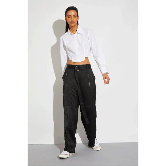Saint Art Courtney Mid Rise Charmeuse Pant - Black Loose Fit Satin Cargo Pants - Picture 3 of 14
